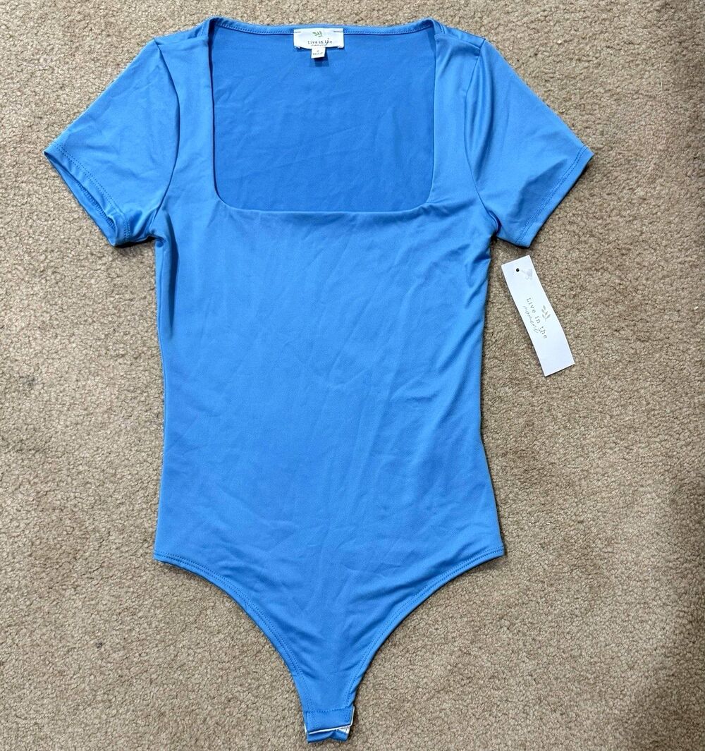 Live In The Moment Women’s S Bodysuit Short Sleeve Blue Square Neck Snaps NEW